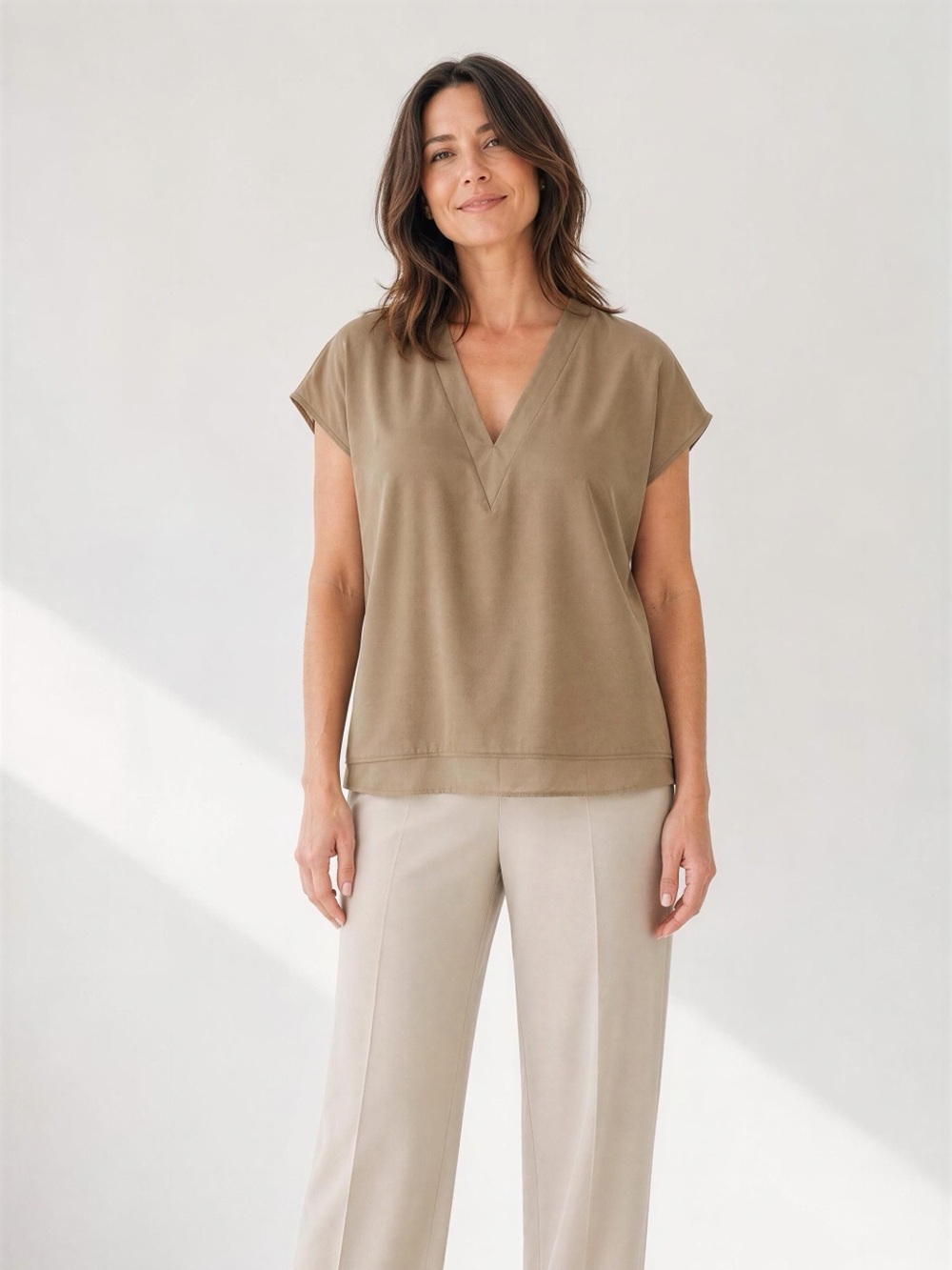 DKNY Women Olive Green V-Neck Short Sleeve Blouse Top